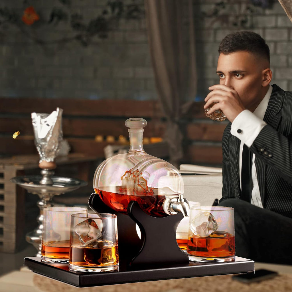 Whiskey Decanter Barrel Set - 1000ml Liquor Dispenser - 4 Glasses - Ship in a Bottle Bar Gifts - Set of 6