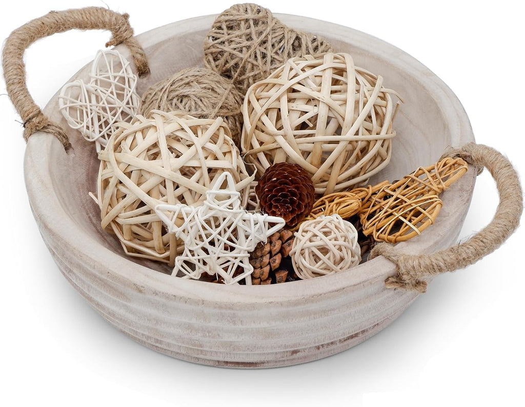 Wooden Decorative Bowls, 11.2 Inch Premium Round Serving Bowl with Rope Handles Decor, Round Paulownia Wood