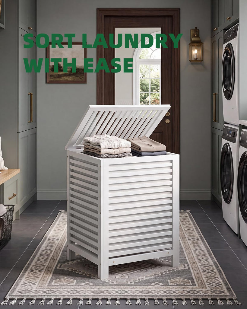 Double Laundry Hamper with Lid, 120L Bamboo Laundry Basket with Removable Liner Bag, 2-Section Clothes Divider
