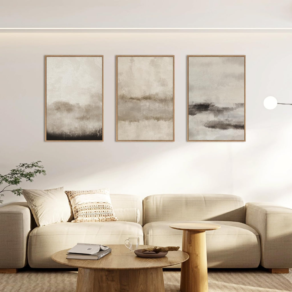 Large Abstract Framed Canvas Wall Art Set,Minimalist Beige Gray Pastel Watercolor Wall Decor,Modern