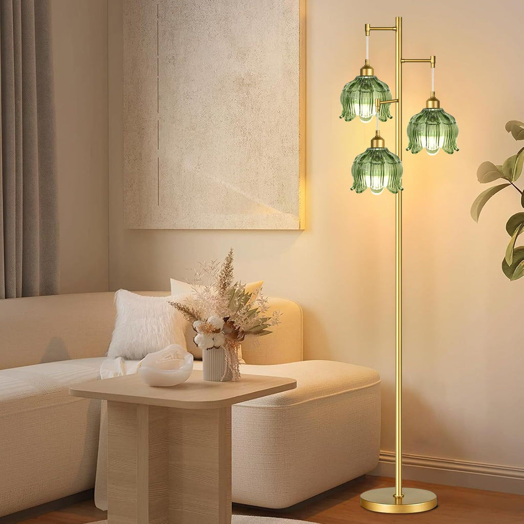 Vintage Floor Lamps Bedroom-3 Light Gold Floor Lamp with Glass Lampshape, Flower Green Tall Lamp Mid Century Modern