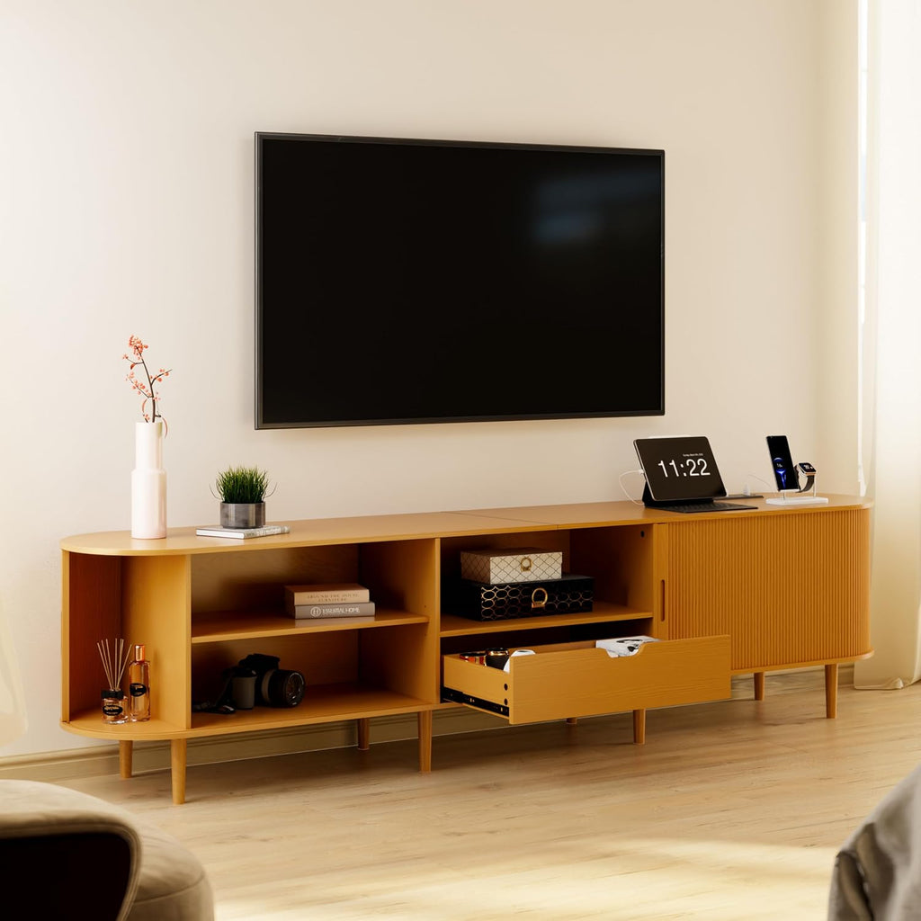 86.6" Fluted TV Stand with Power Outlet for TVs up to 90", TV Console with Adjustable Shelves and Sliding Door,Mid