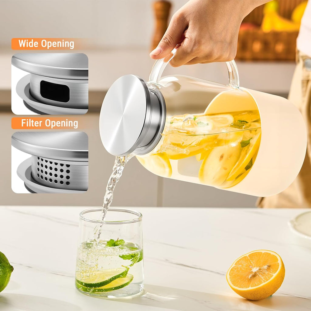 Water Jug Water Pitcher with Silicone Base 61oz/ 1.8L, Hot& Cold Glass Pitcher with Lid and Handle, Glass Carafe with