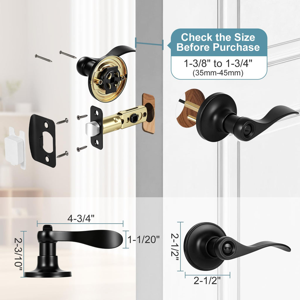 5 Pack Privacy Door Levers Interior Door Handles, Matte Black Keyless Interior Door Knobs Locks , Heavy Duty Door