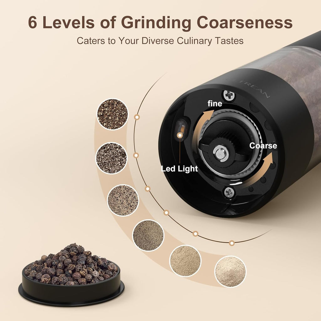Pepper Grinder, Rechargeable Salt and Pepper Grinder with 6 Adjustable Coarseness, LED Light, Automatic Grinder