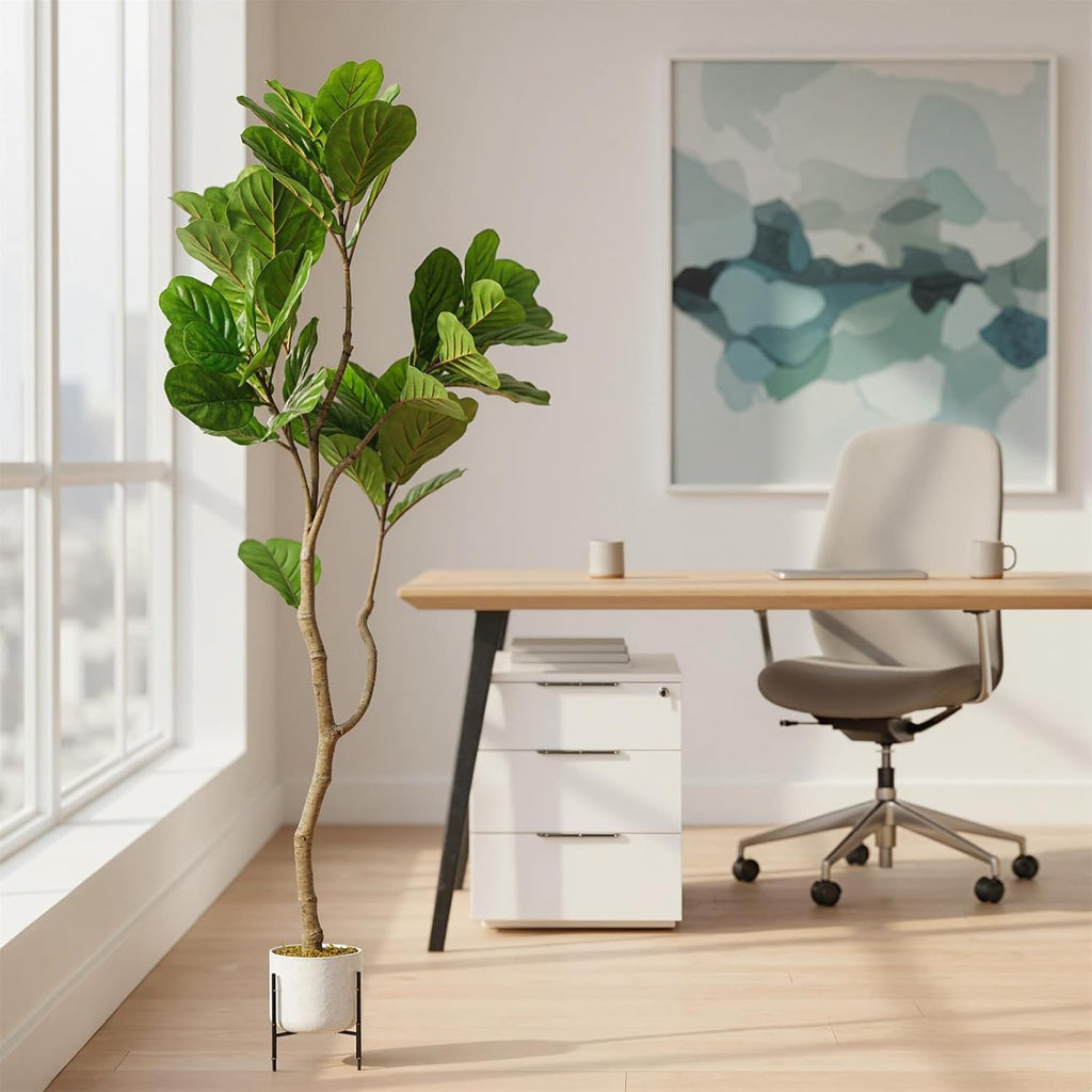 5FT Artificial Fiddle Leaf Fig Tree in White Planter, 61" Tall Fake Plants Ficus Tree with Fake Moss and Trunk