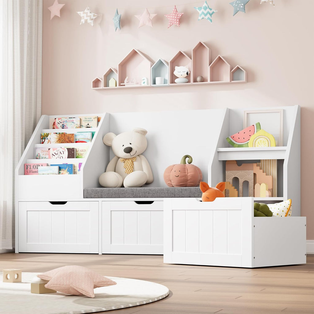 Kids Bookshelf with Reading Nook, Toy Storage with Seat Cushion | 55.1'' Toy Storage Organizer with 3 Movable