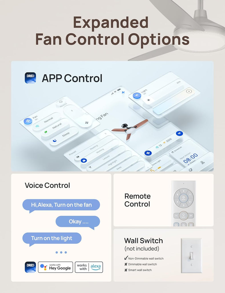 Smart Ceiling Fans with Lights, 42 Inch Black Ceiling Fan, 12 Speeds & 3 Fan Modes, Stepless Color Tones