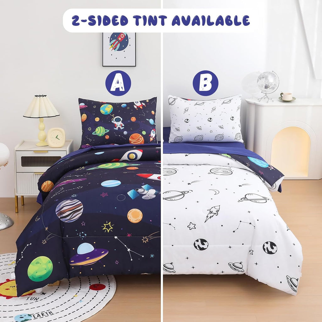 Boys Full Bedding Set Space Bedding - 5 Piece Comforter Set Full, Rocket and Planet Galaxy Comforter for All-Season