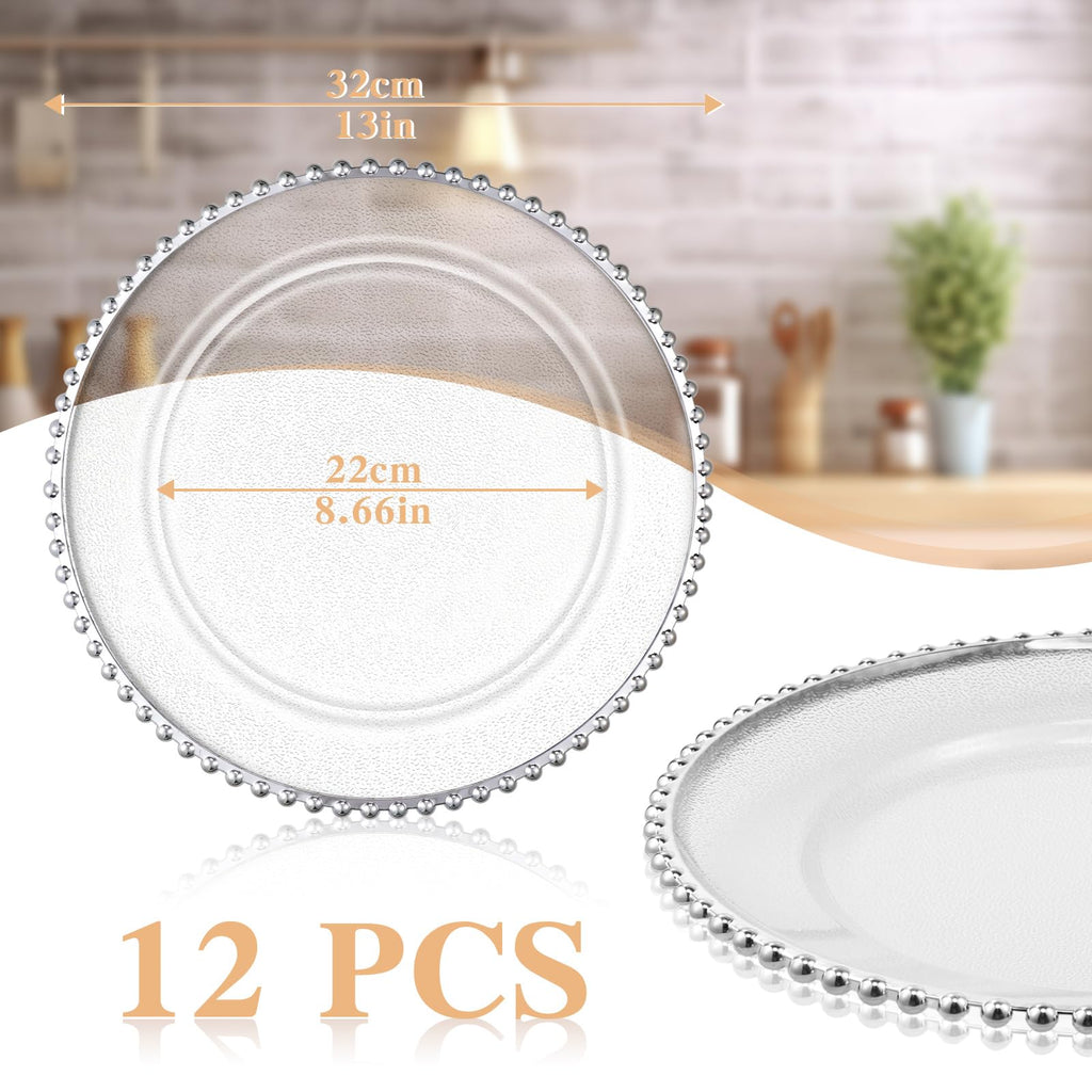 12 Pack Clear Charger Plates Bulk 13 Inch, Silver