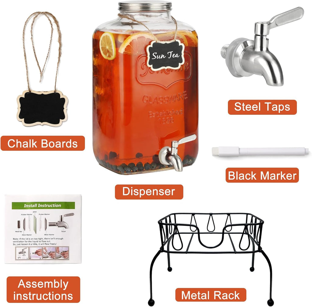 2 Gallon Glass Drink Dispenser with Stand, Stainless Steel Leakproof Spigot and Lid, for Parties, Water Beverage