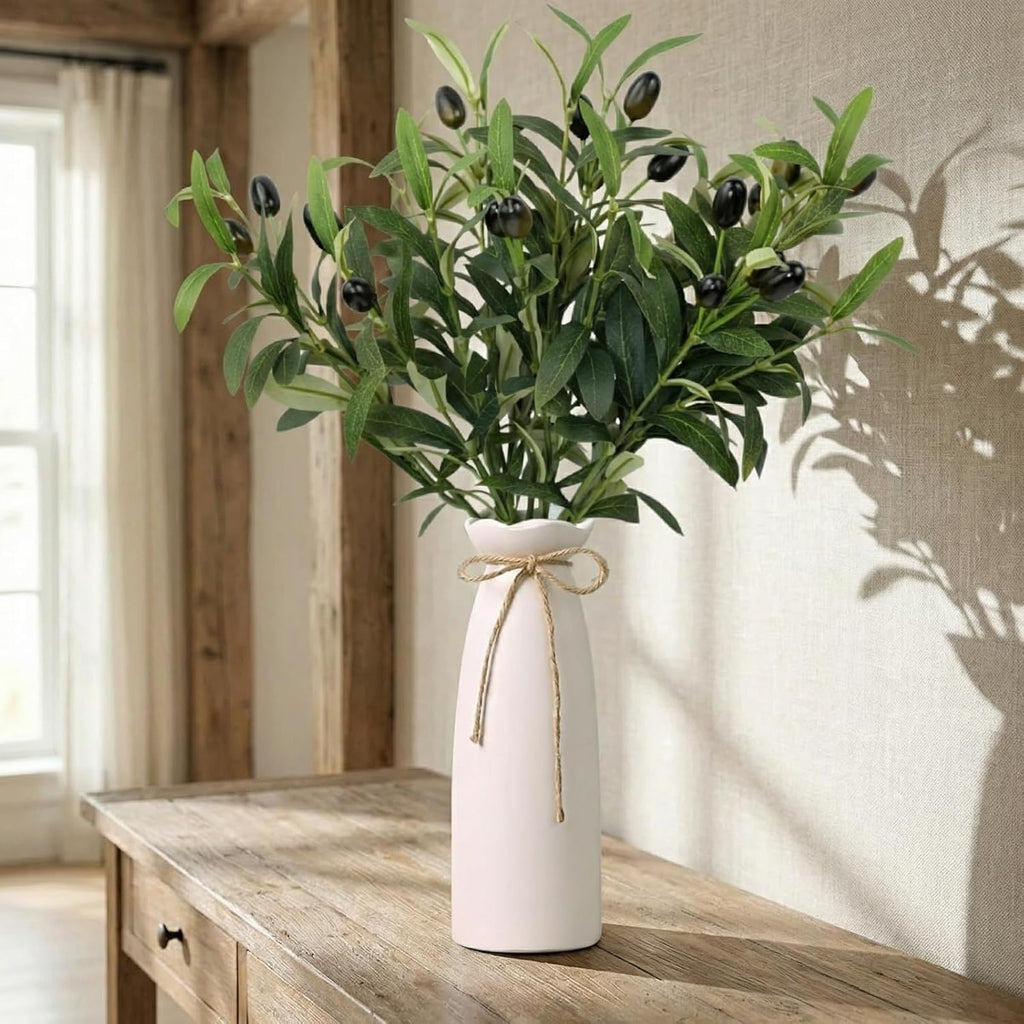 Artificial Plant Olive Branch in Vase, Faux Greenery Stems with Ceramic Vase, 16.9" Tall Olive Branches Fake - Set of 5