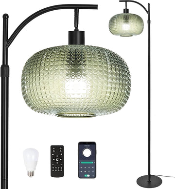 Dark Green Floor Lamps, Black Floor Lamp with Remote Control & Green Lampshade, Arc Flower Lamp Dimmable Mid Century