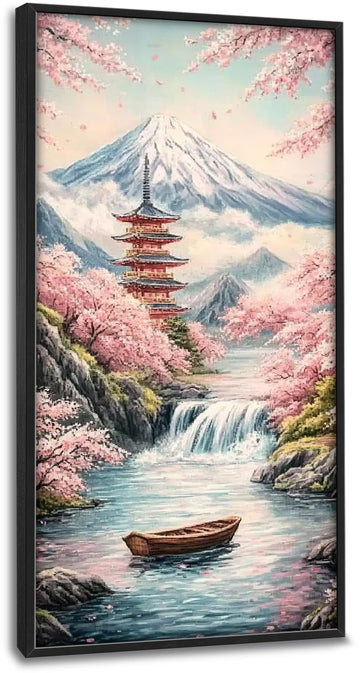 Japan Japanese Wall Art Cherry Blossoms Mount Fuji Wall Decor Waterfall boat Canvas Painting Pictures Prints Framed