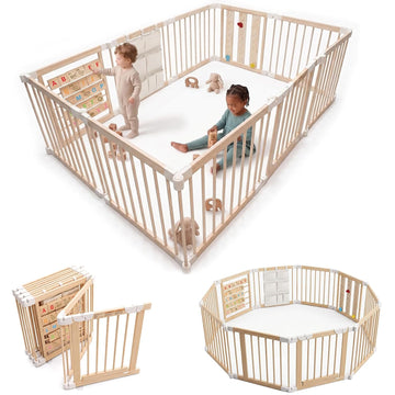 Adjustable 10-Panel Wooden Baby Playpen, 82x55x24 in | Natural Wood Play Pen, Foldable Design with Child Safety Lock