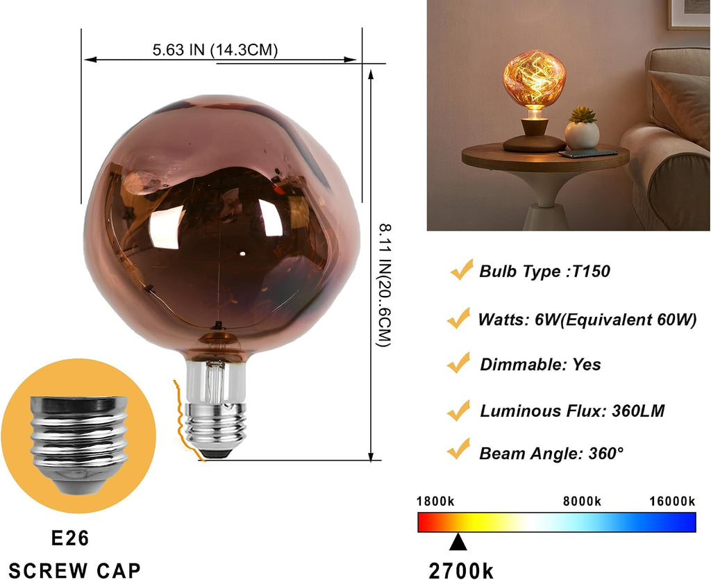 Oversized Giant LED Light Bulb, Dimmable,Rose Gold,6W, T150, E26