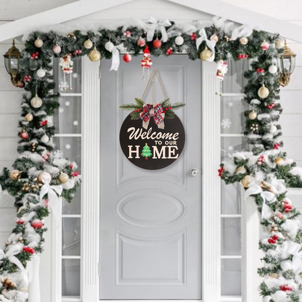 Interchangeable Welcome Sign for Front Door Decoration with 4 Seasonal Wreaths and 14 Holiday Icons, Black Welcome
