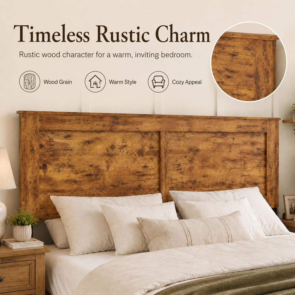 Bed Frame with Headboard, Farmhouse Wooden Bed Frame, Brown