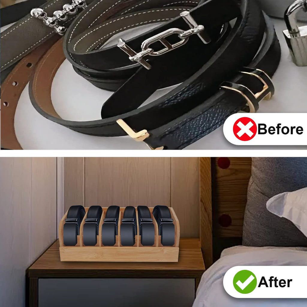 Belt Organizer, 6 Compartments Belt Organizer for Closet and Drawer, Bamboo Display Case for Tie and Belt, Belt