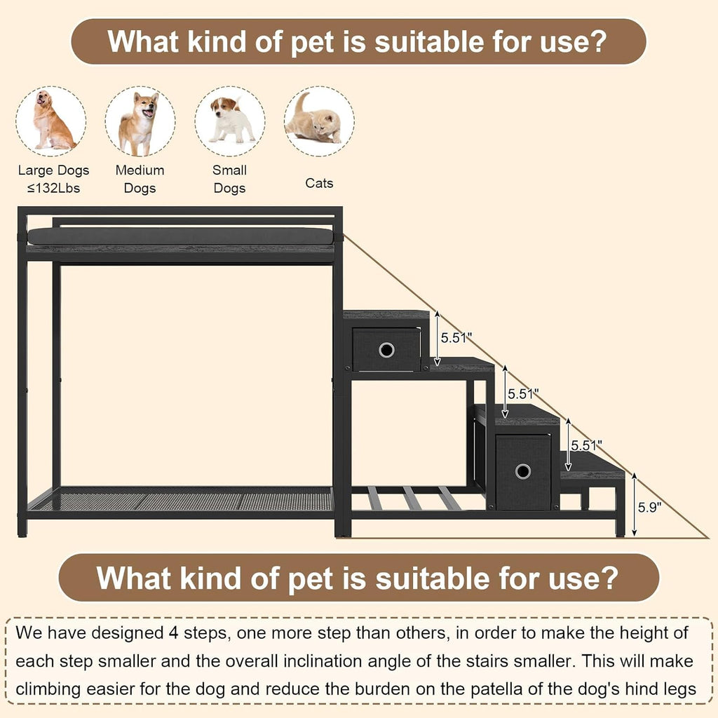 Pet Bunk Bed with Removable Stairs and 2 Drawers, Dogs/Cats Window Perch, Dog Window Seat with Soft Cushion