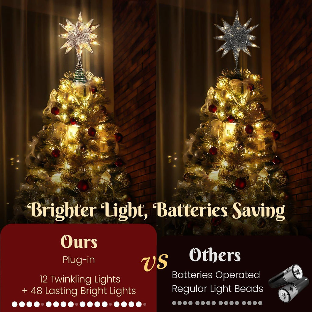 Christmas Tree Topper, 3D Starburst Lighted Tree Topper, Plug in Christmas Star with Timer, Light Up Xmas