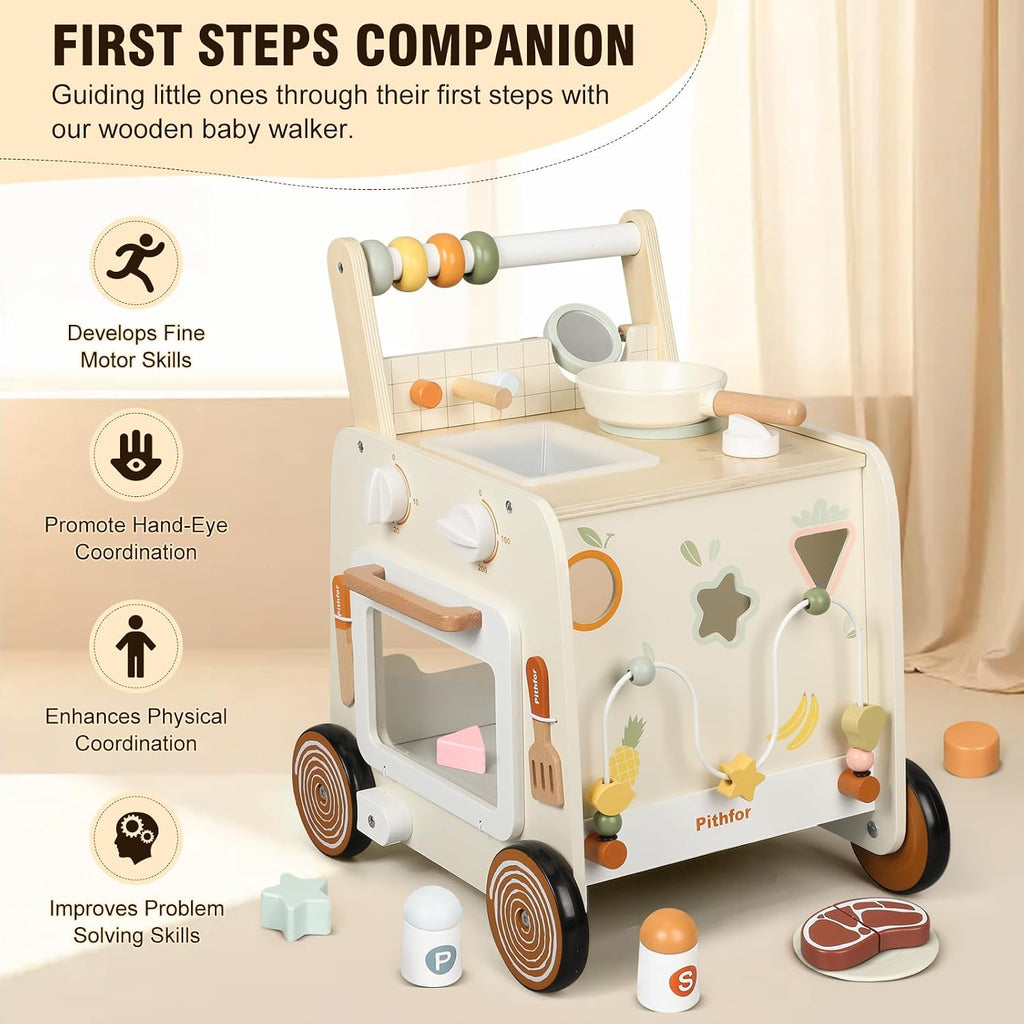 Wooden Baby Walker, in-1 Baby Push Walker, with Pretend Kitchen, Montessori Sensory Activity Center, Push Walker