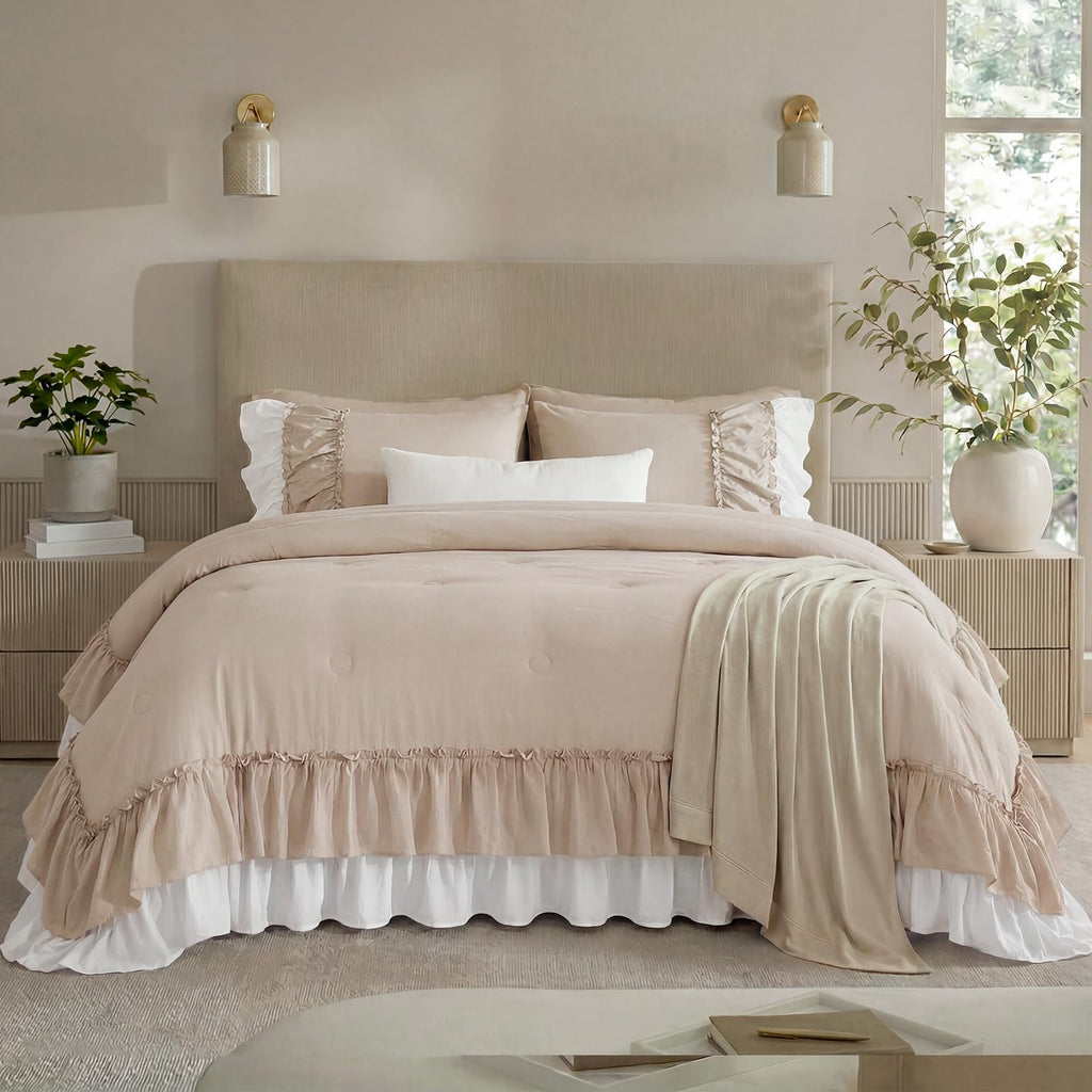 Taupe and White Two-Tone Ruffle Comforter Set, 3 Pieces Shabby Chic Farmhouse Bedding, Soft Microfiber Comforter