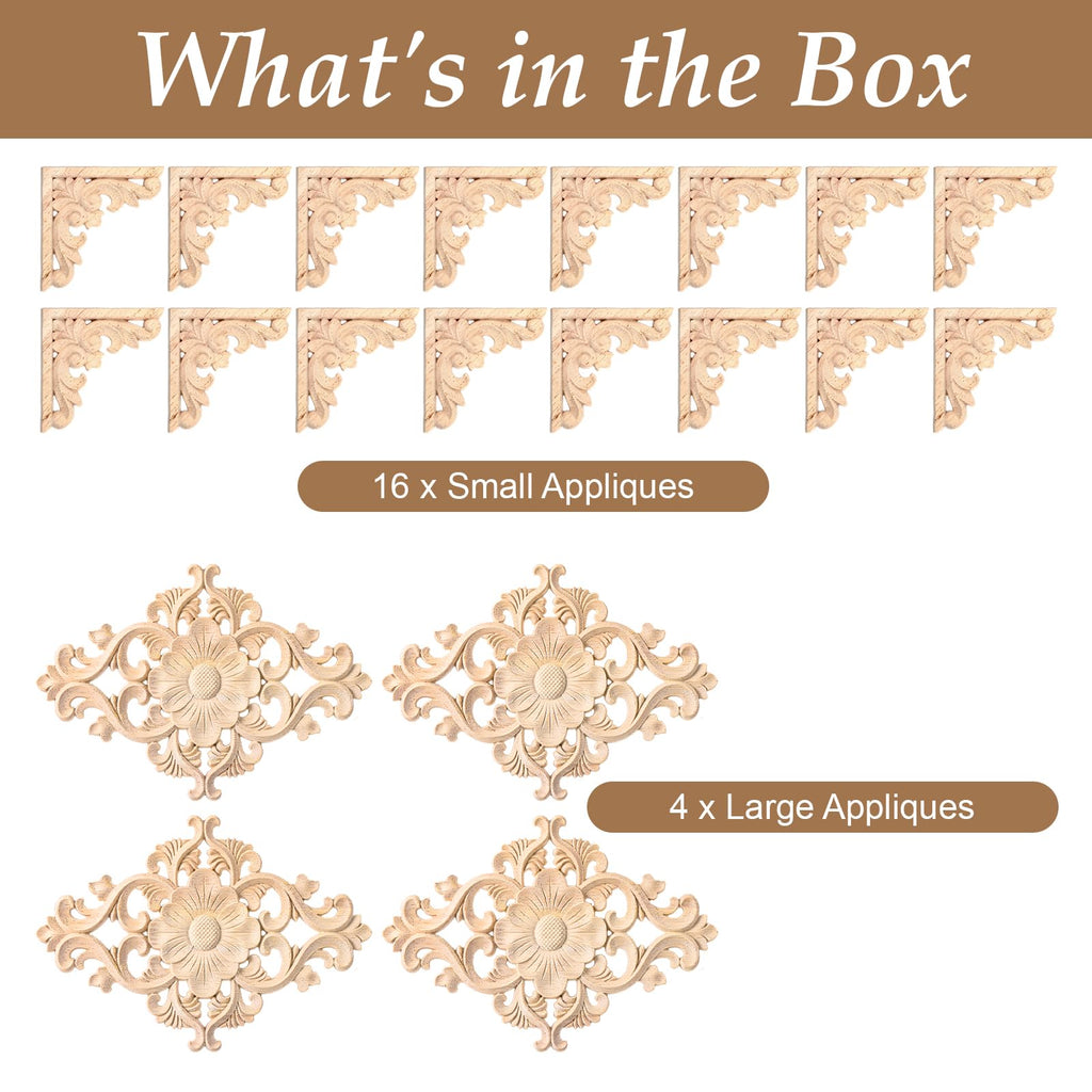 20 Pcs (4 Set) Wooden Appliques Decorative Carved Onlays, Wooden Carved Appliques DIY Decoration for Wood Furniture