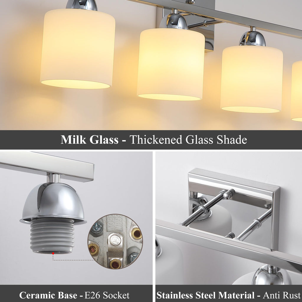 Stainless Steel Milk Glass Vanity Lights, 4 Light Chrome Bathroom Light Fixtures Over Mirror, Ceramic E26 Sockets