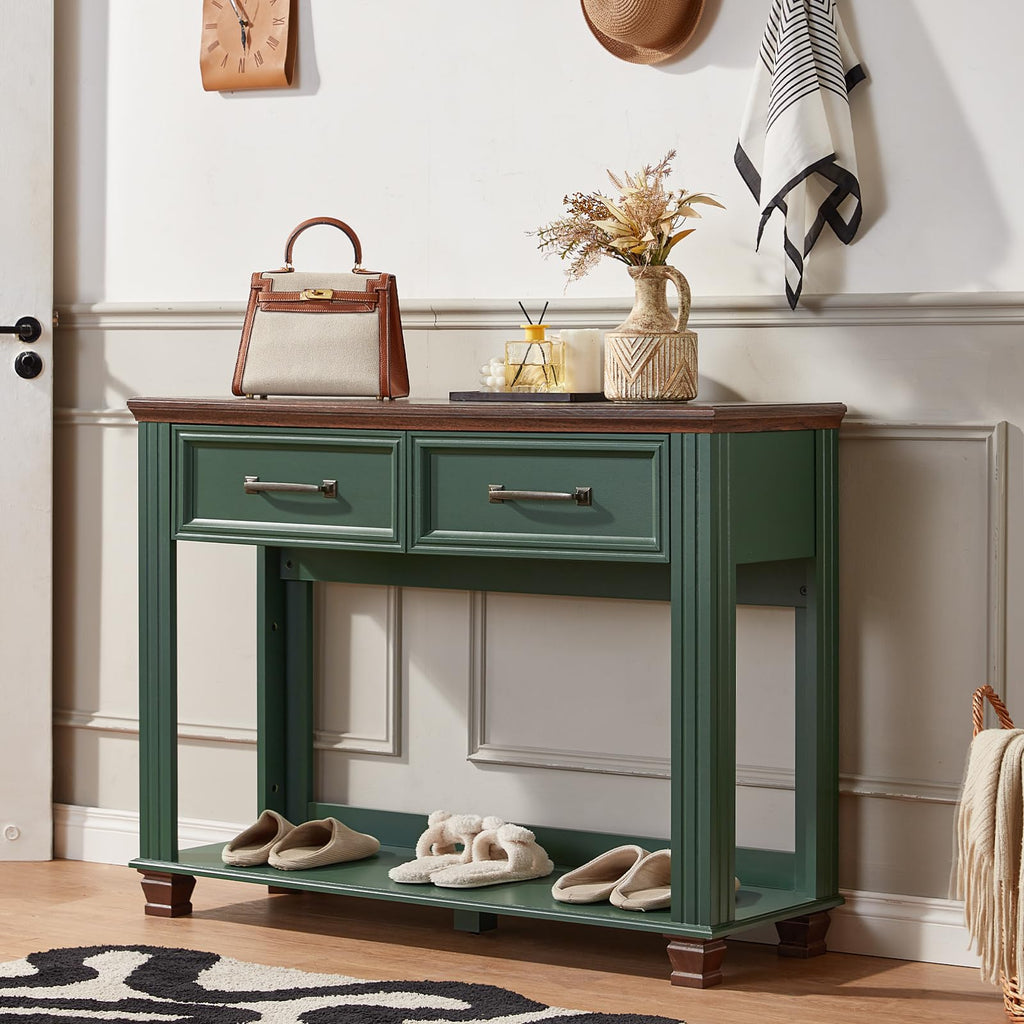 46" Farmhouse Console Table with Drawers, Green Entryway Table