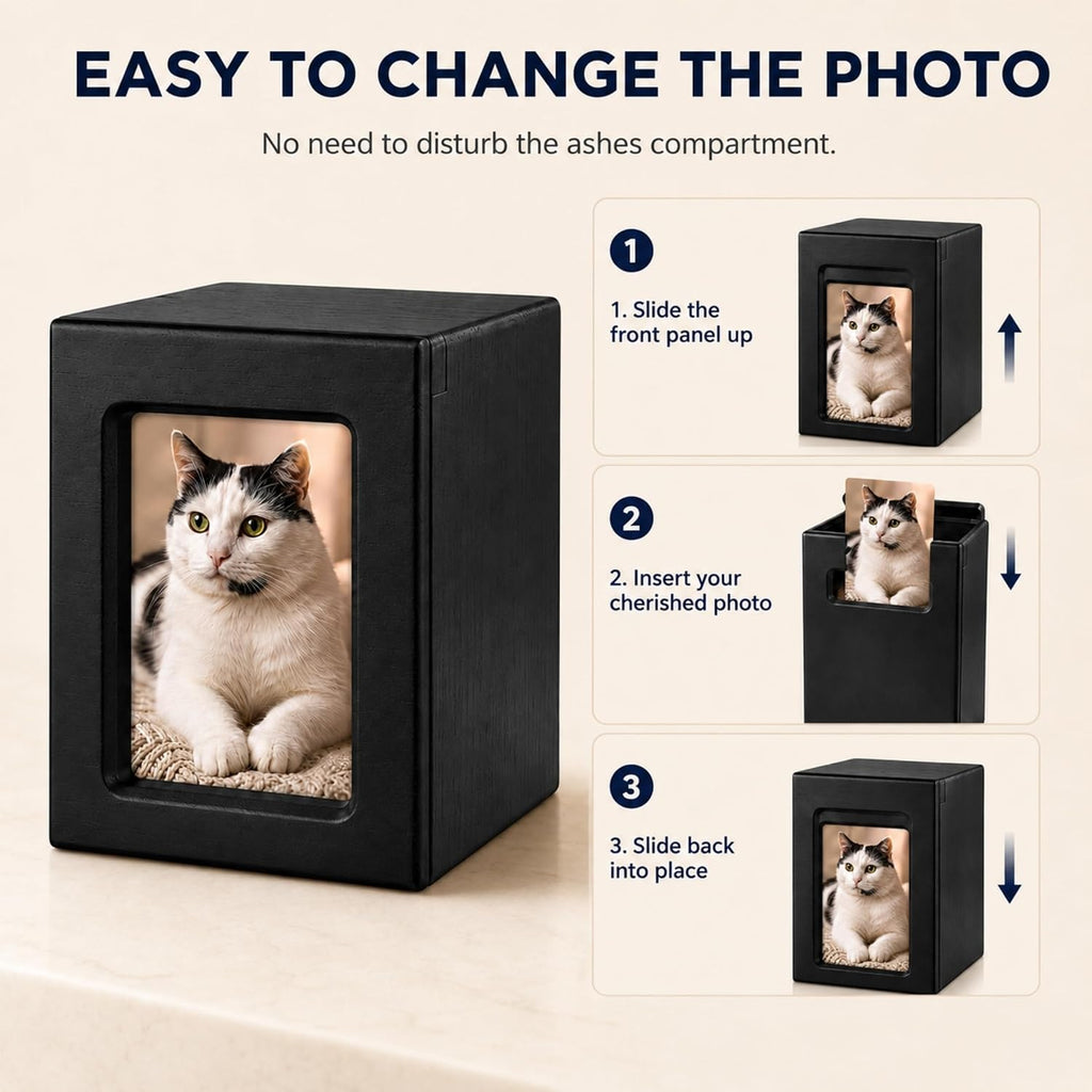 Pet Memorial Urn Built-in Photo Frame Hair Keepsake Pouch Wooden Cremation Box Dog Cat Ashes Easy Photo Change