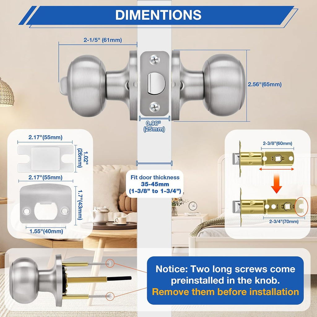 5 Pack Brushed Nickel Door Knobs,Privacy Door Knob with Lock, Interior Doorknobs Silver, Keyless Door Locks Set s