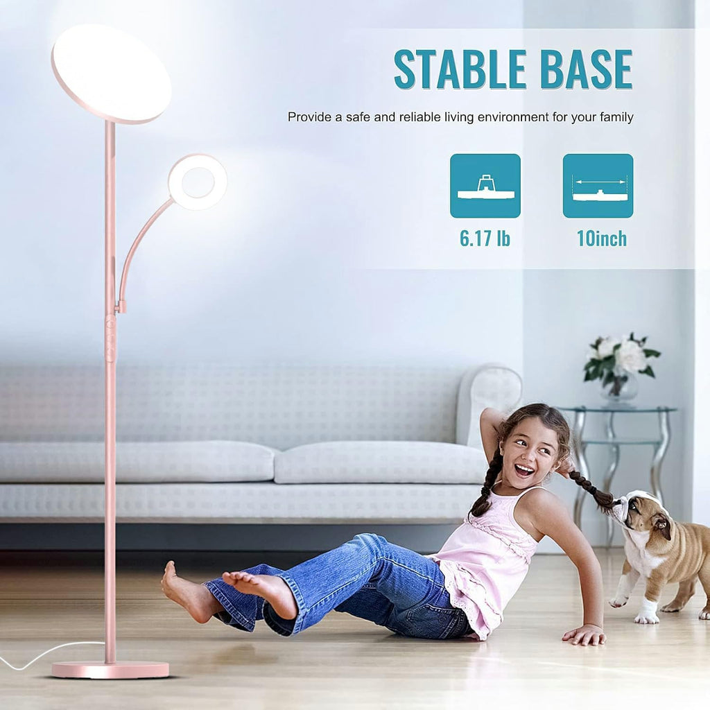 Pink Floor Lamp, 42W Super Bright LED Room Lamp with Adjustable Reading Light, Dimmable Modern Standing Lamp