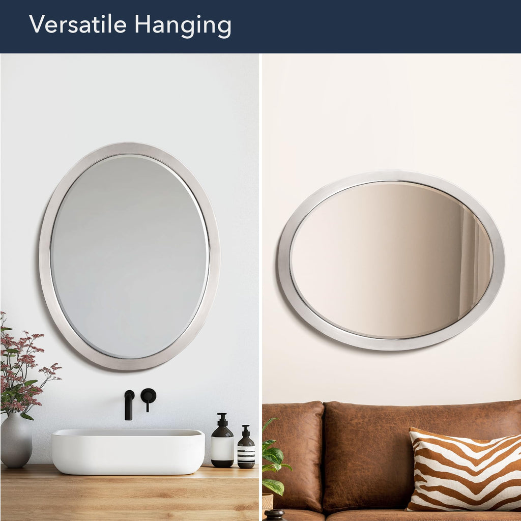 Elegant Classic Oval Brushed Nickel Stainless Steel Silver Framed Wall Mounted Beveled Edge, Fits for Vertical &