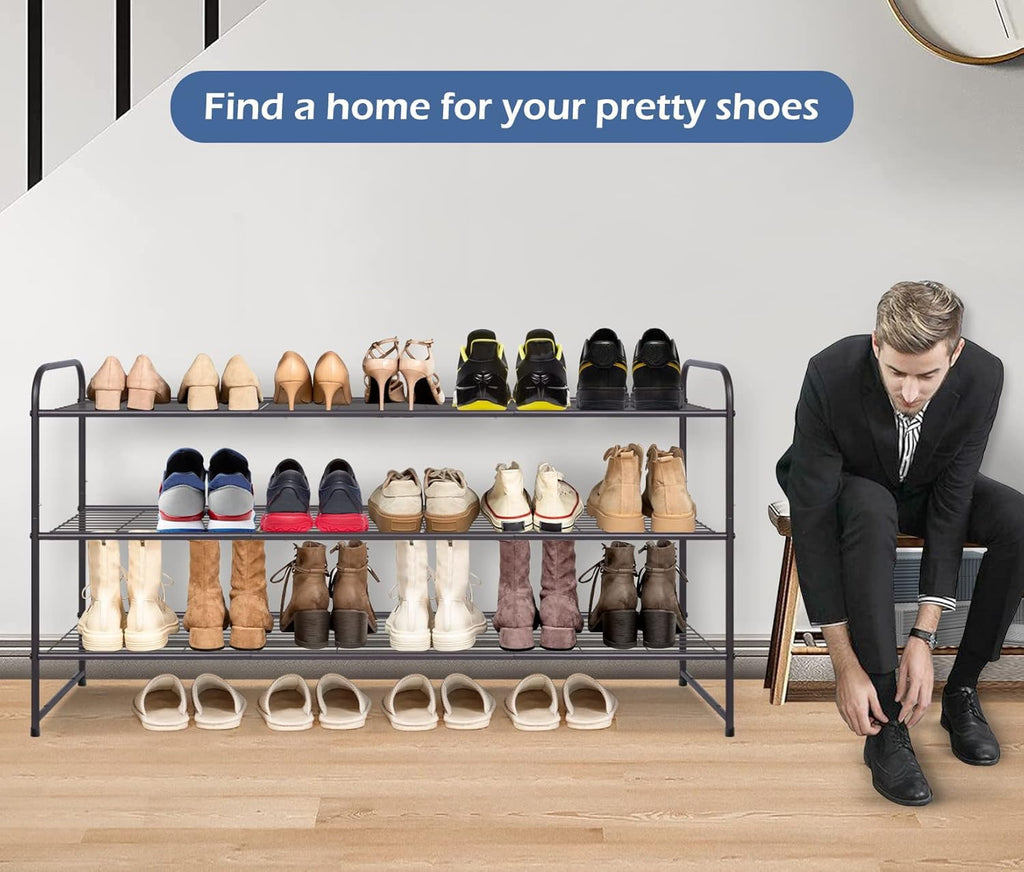 Long 3 Tier Shoe Rack for Closet Wide Shoe Storage Organizer Stackable Metal Shoe Shelf for 24 Pairs Men Sneakers