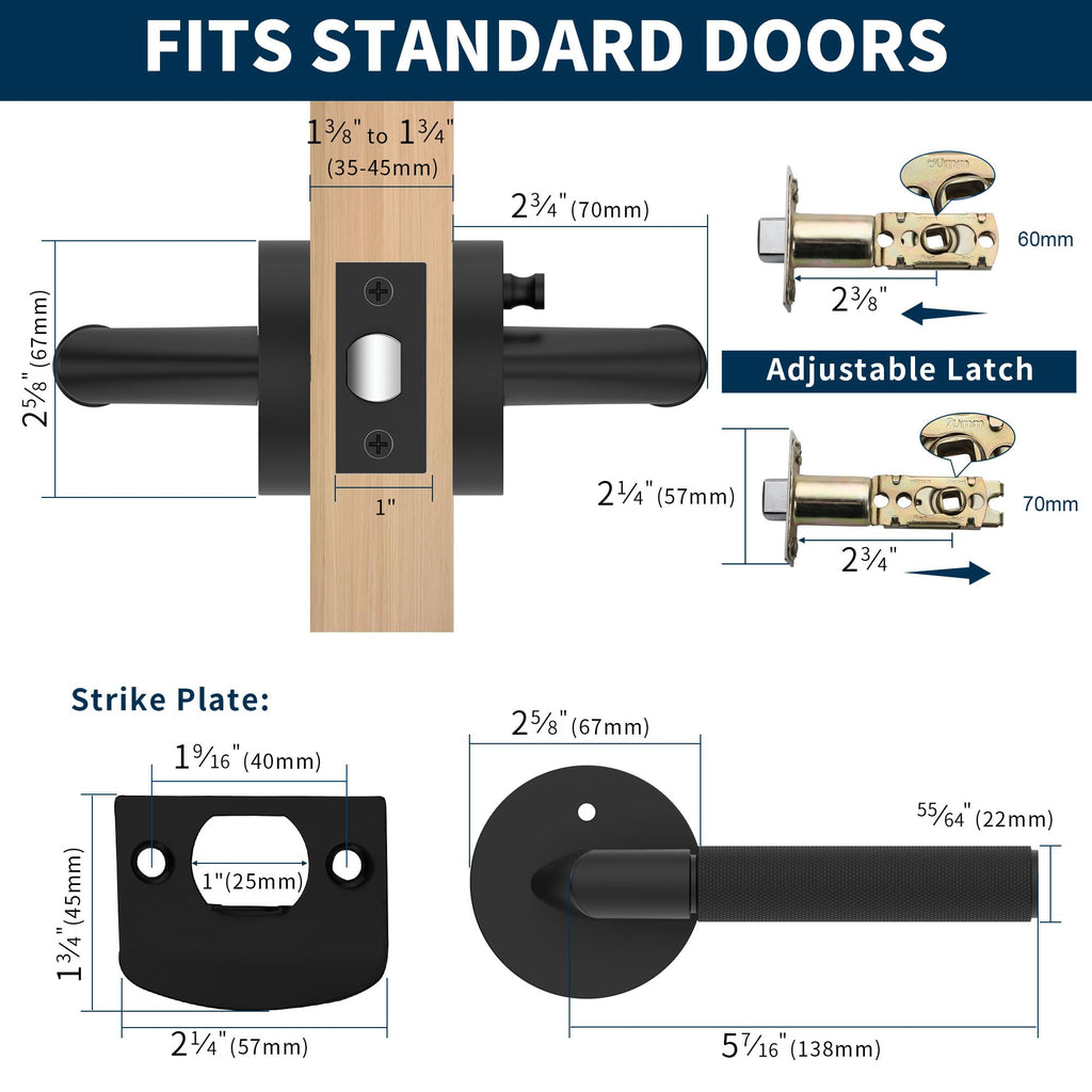 6 Pack Matte Black Knurled Interior Door Handle, Privacy Lock