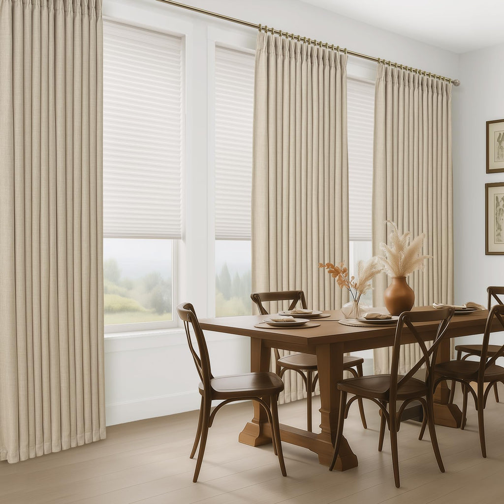 High Ceiling Room Darkening Natural Linen Curtains 108 Inches Long 2 Panels Set, Neutral Pinch Pleated Light Beige