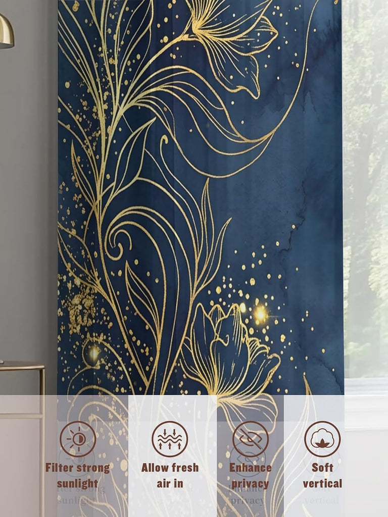Luxury Floral Sheer Curtains for Living Room Bedroom Blue Golden Lace Vintage Sheer Curtains 96 Inch Long 2 Panels