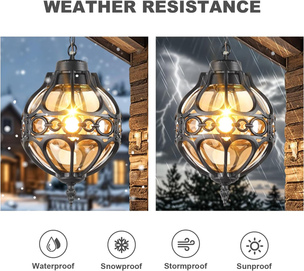 Globe Outdoor Pendant Lights for Porch Patio Garage, Matte Black Aluminum Anti-Rust Hanging Light Fixture