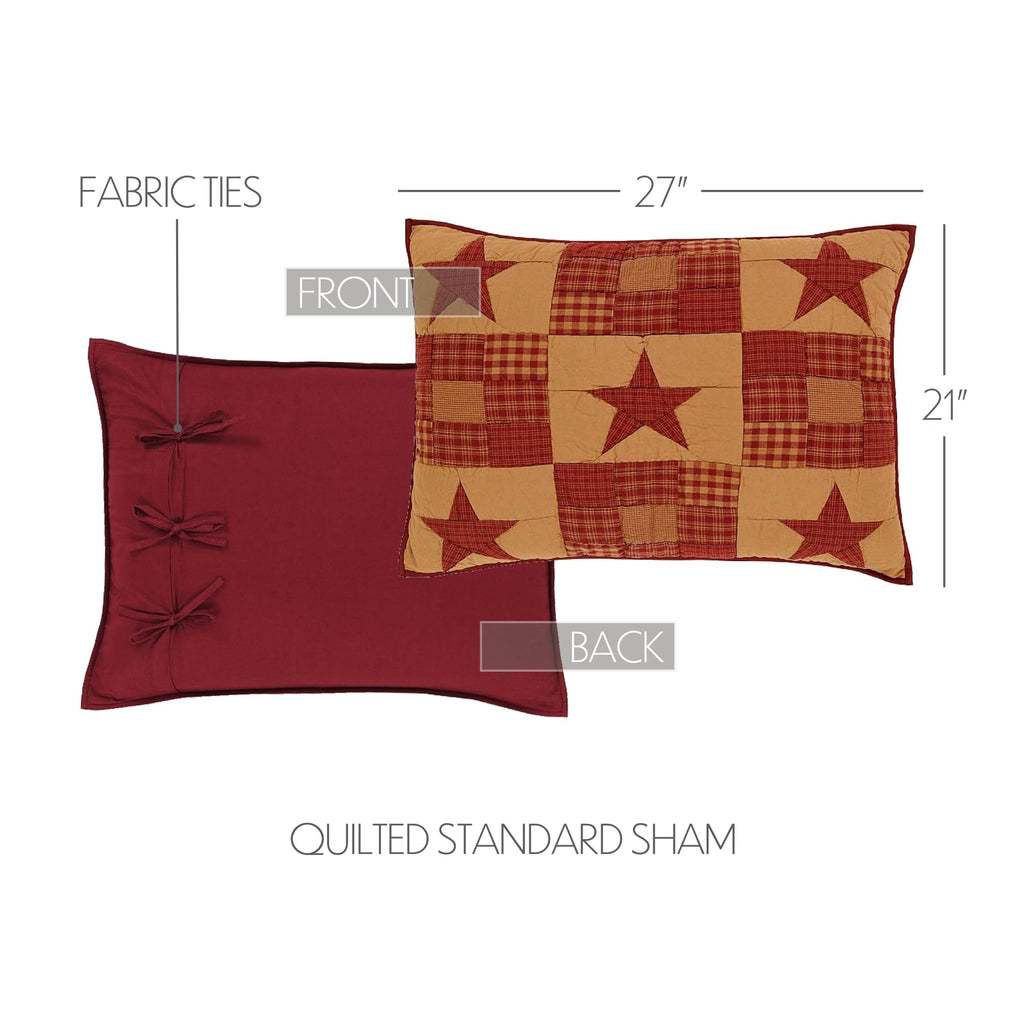 Ninepatch Star Hand Quilted Bedroom Decor, Standard Sham, Red, 21x27