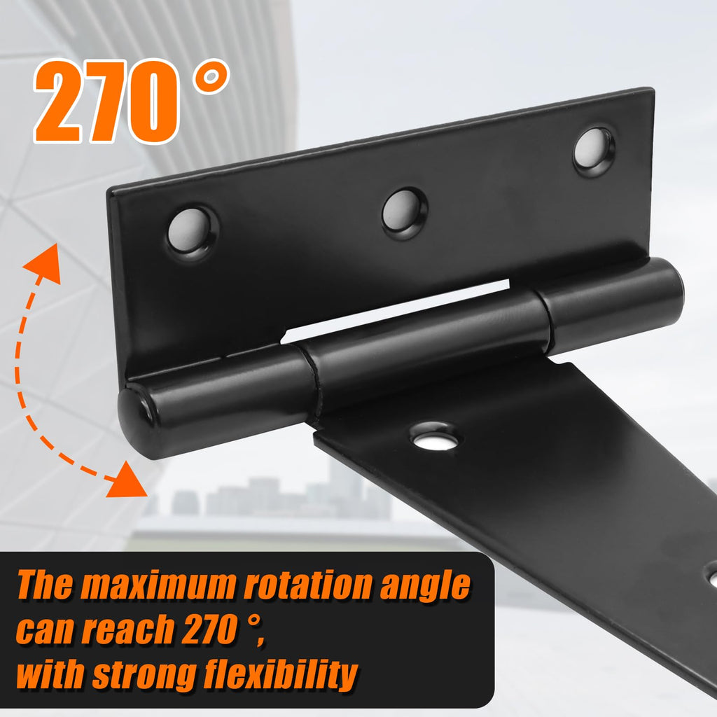 2 Pack 6 Inch T-Strap Shed Door Hinges Heavy Duty, Black Thickened Tee Gate Hinges for Barn Door, Shed or Wooden