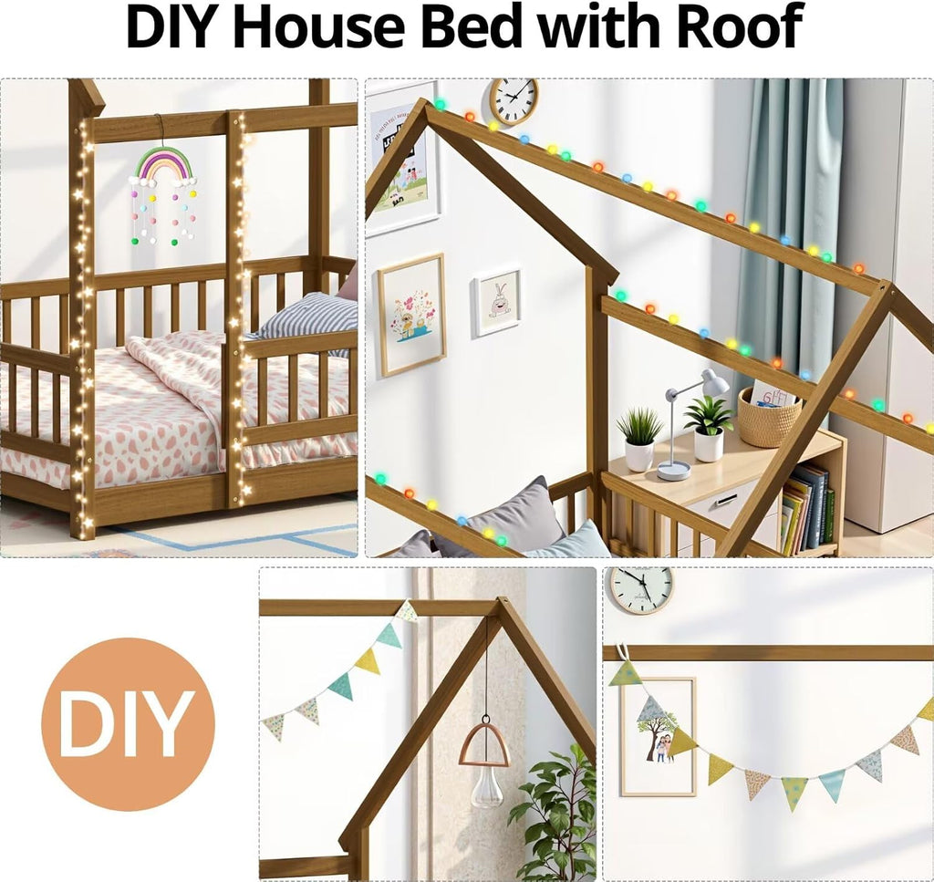 Queen Size Montessori Floor Bed Frame with Slats and Fence, Wooden House Bed for Boys Girls Bedroom, Light Espresso