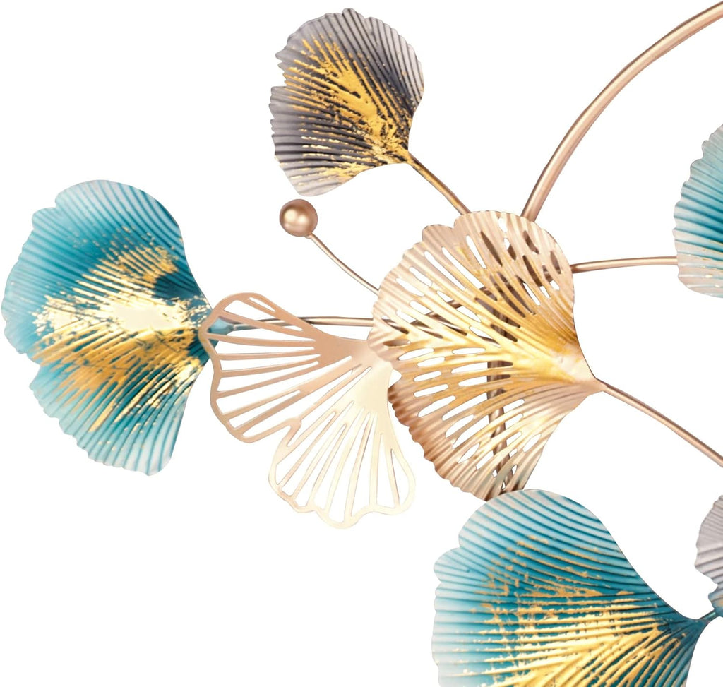 Metal Wall Art Decor,3D Golden Ginkgo Leaf Wall Hanging Decor with Frame,Large Wall Background Sculpture
