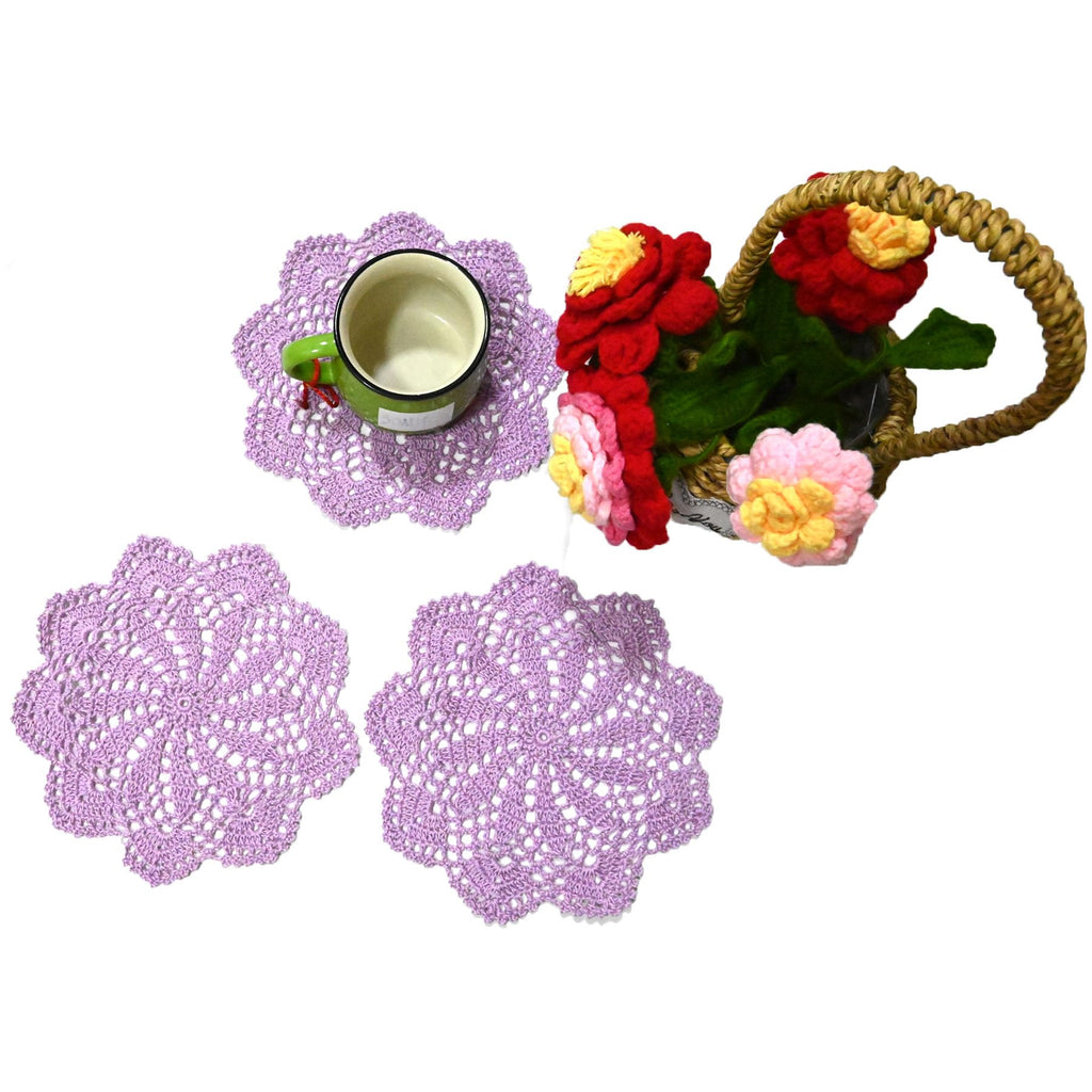 3 PCS 8 Inch Lace Doilies Tea Cup Coasters Handmade Crochet Daisy Flower Placemats (Light Purple)