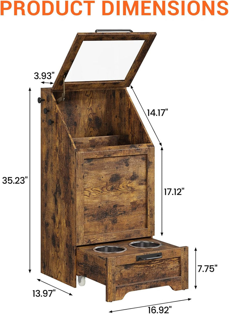 Top Opening Dog Feeding Station, Wooden Dog Food Storage Cabinet with 2 Elevated Dog Bowls, 3 Hooks, Hidden Design