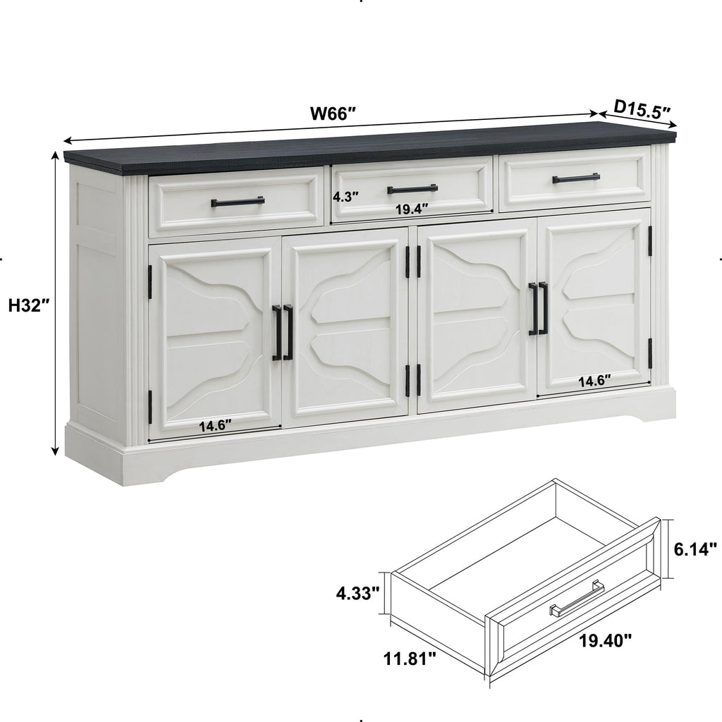 66" Farmhouse Buffet Cabinet with Storage, Sideboard Credenza, Carved Cloud-Inspired Doors, 3 Drawers & Adjustable
