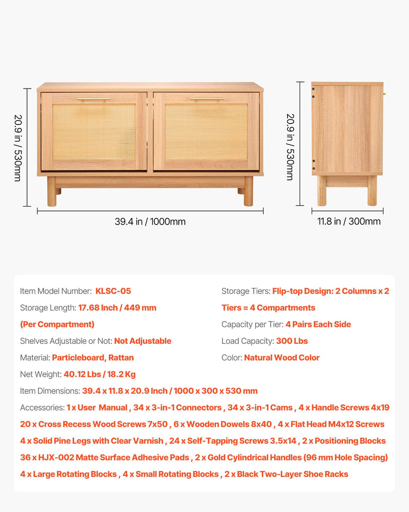 Rattan Shoe Storage Bench, Entryway Bench with 2 Flip Drawers, Holds up to 300 lbs with 4 Compartments and 2 Rattan