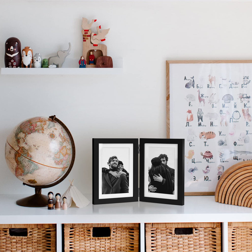 4x6 Double Horizontal Hinged Picture Frame Folding Photo Frame in Distressed Farmhouse Wood Grain Pine Wood with Real