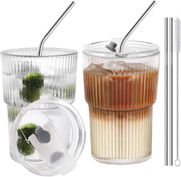 Iced Coffee Cups With Lids and Straws 2 Pcs, 16 OZ Unbreakable Cup Drinking Set,Clear Plastic Cups Reusable Iced