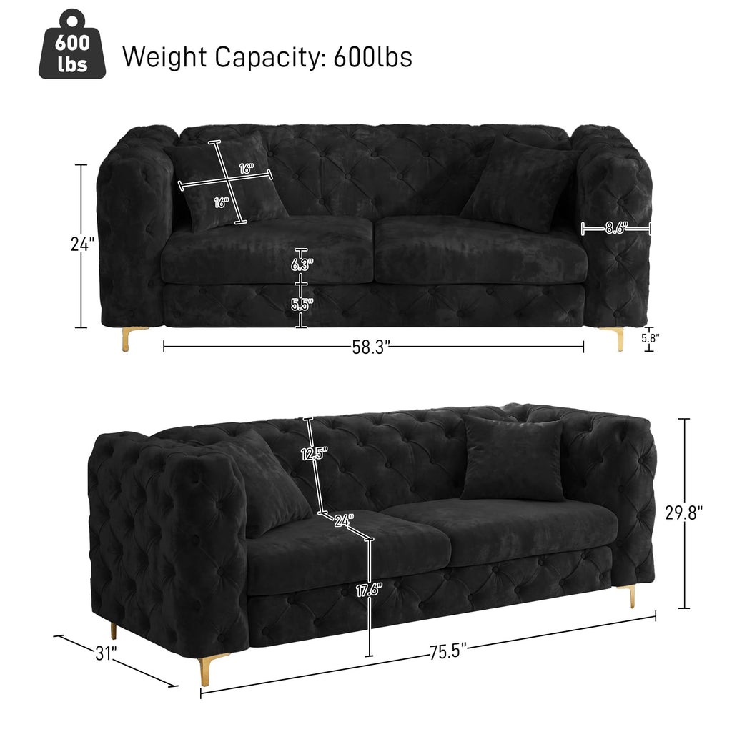 75" Mid Century Modern Sofa with Tufted Back, Gold Metal Legs, Black